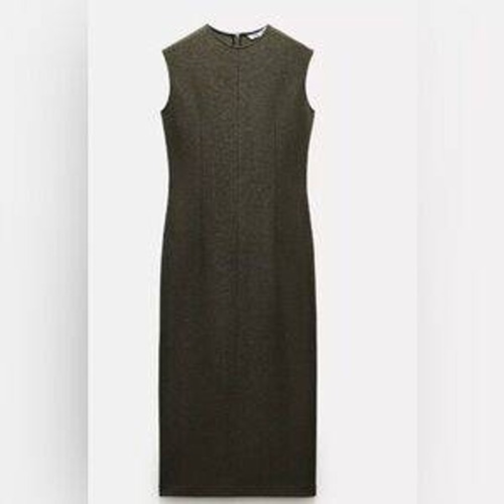 NWT ZARA Sleeveless Mock Neck Midi Dress Olive Green Knit Sheath Modern Size M - Picture 3 of 11